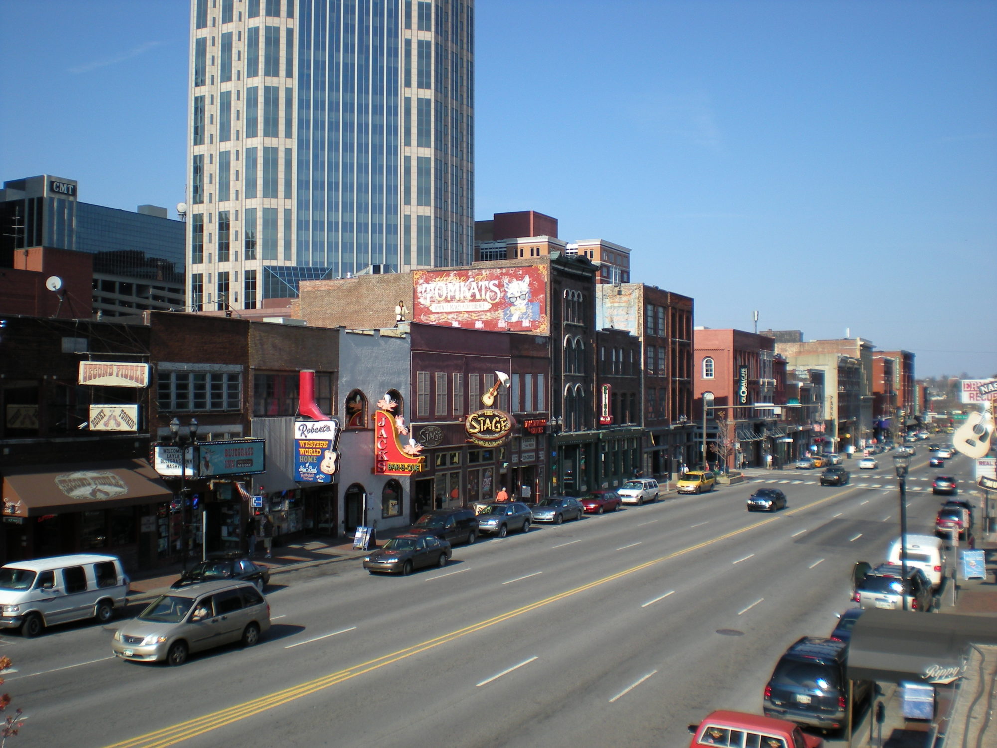 Bars and honky-tonks along Broadway in downtown Nashville at night