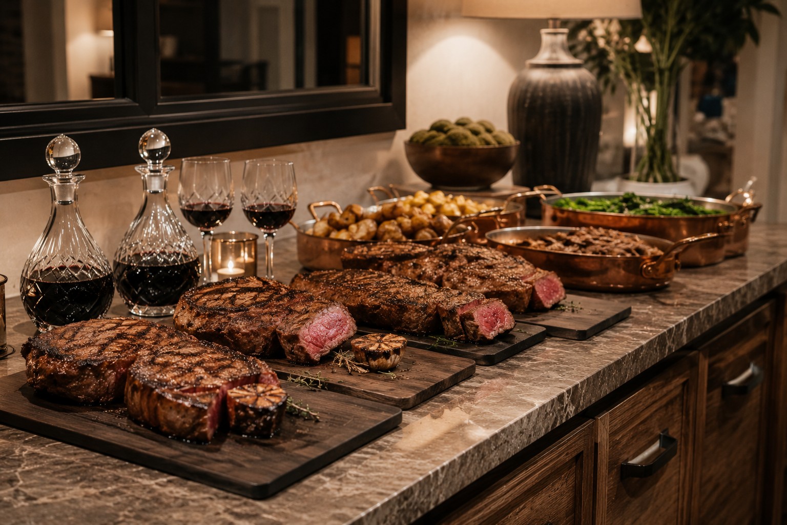 Steakhouse-style catering setup at a luxury bachelor party rental with dry-aged ribeyes, sides, and decanted red wine staged for service