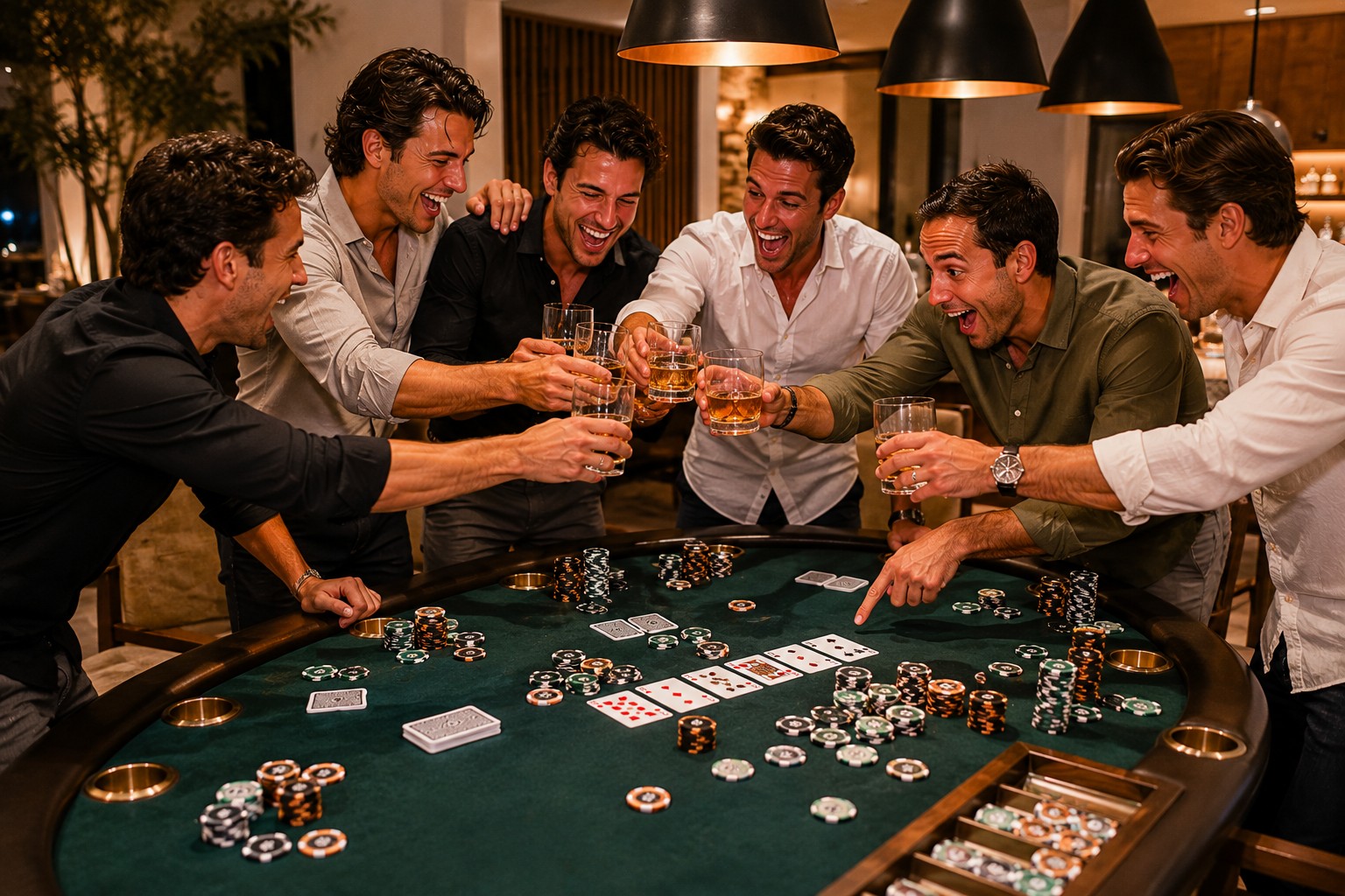 Group of men in their late 20s clinking whiskey glasses and celebrating a big poker hand at a luxury bachelor party casino night