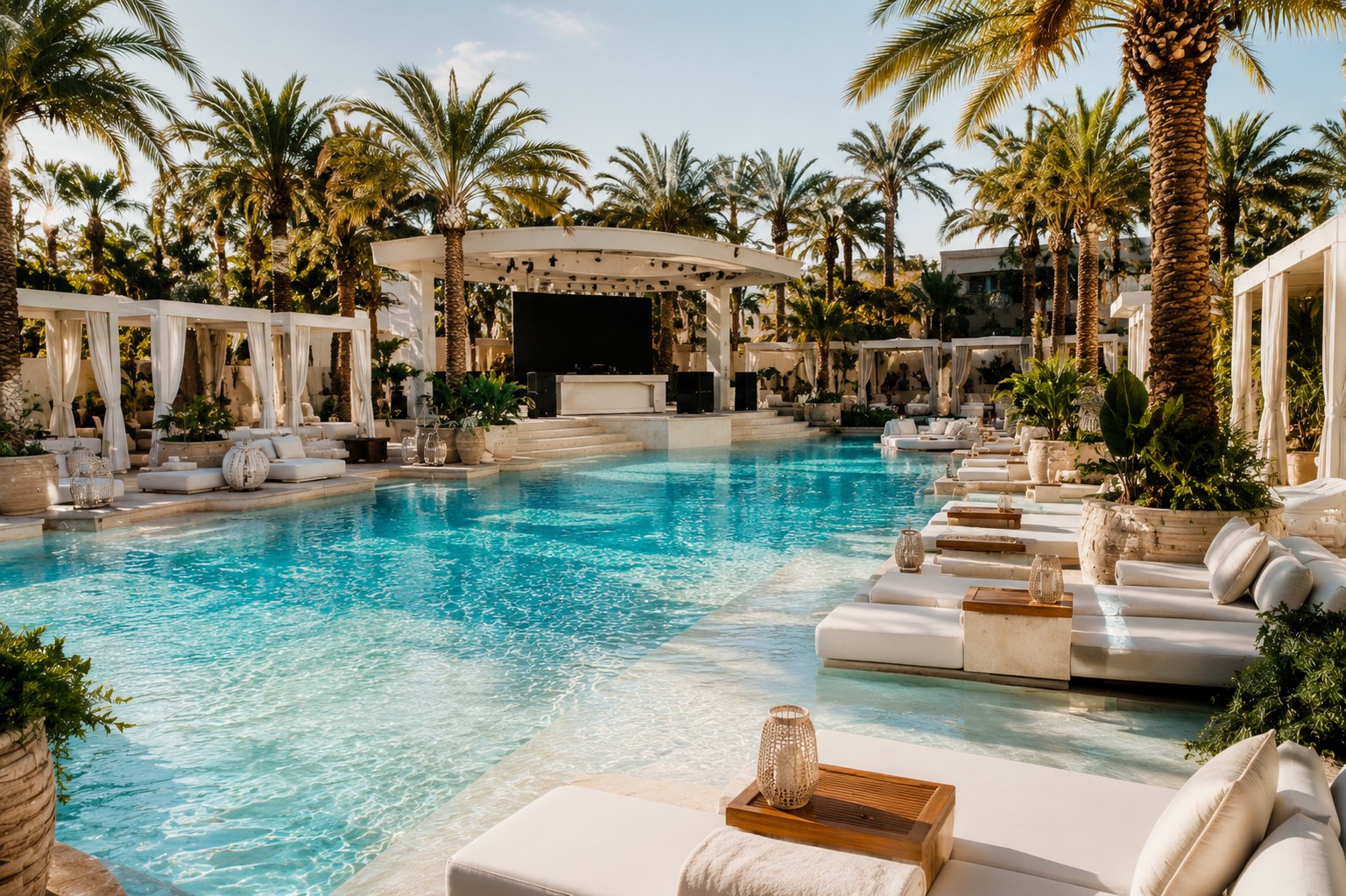 Modern Las Vegas day club pool party with cabanas and palm trees