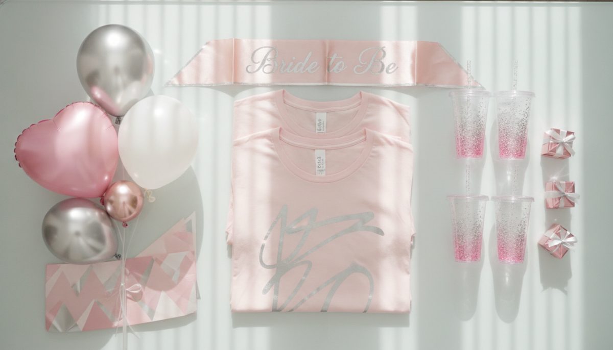 Flat lay of bachelorette party supplies including matching shirts, sashes, decorations, balloons, and favors arranged on a table in coordinated pink tones