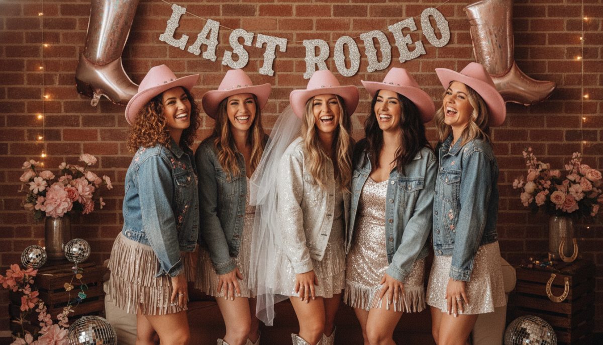 Bachelorette group in cowgirl hats and western outfits at a country-themed party with boot decor and a last rodeo banner