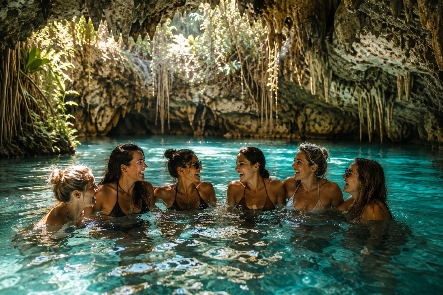 Group of six women in their late 20s swimming in a turquoise Tulum cenote with stalactites overhead and dappled jungle light filtering through