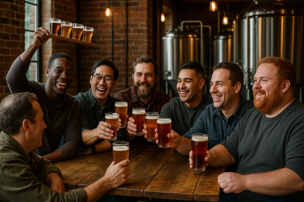 Bachelor party group of men toasting beer flights inside a rustic Poconos craft brewery taproom