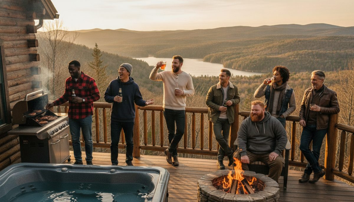 Group of men on the deck of a Poconos log cabin with hot tub and fire pit at golden hour