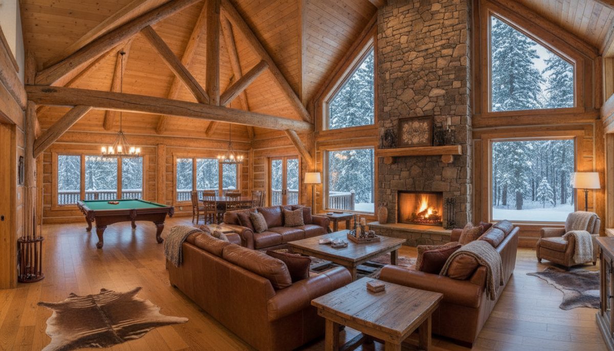 Spacious Poconos log cabin great room with vaulted ceiling, stone fireplace and leather seating