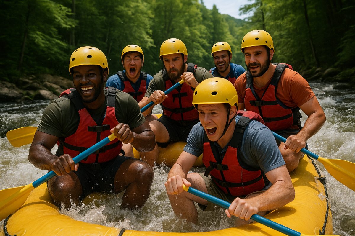 Bachelor party group of men whitewater rafting on a Poconos river in helmets and life vests