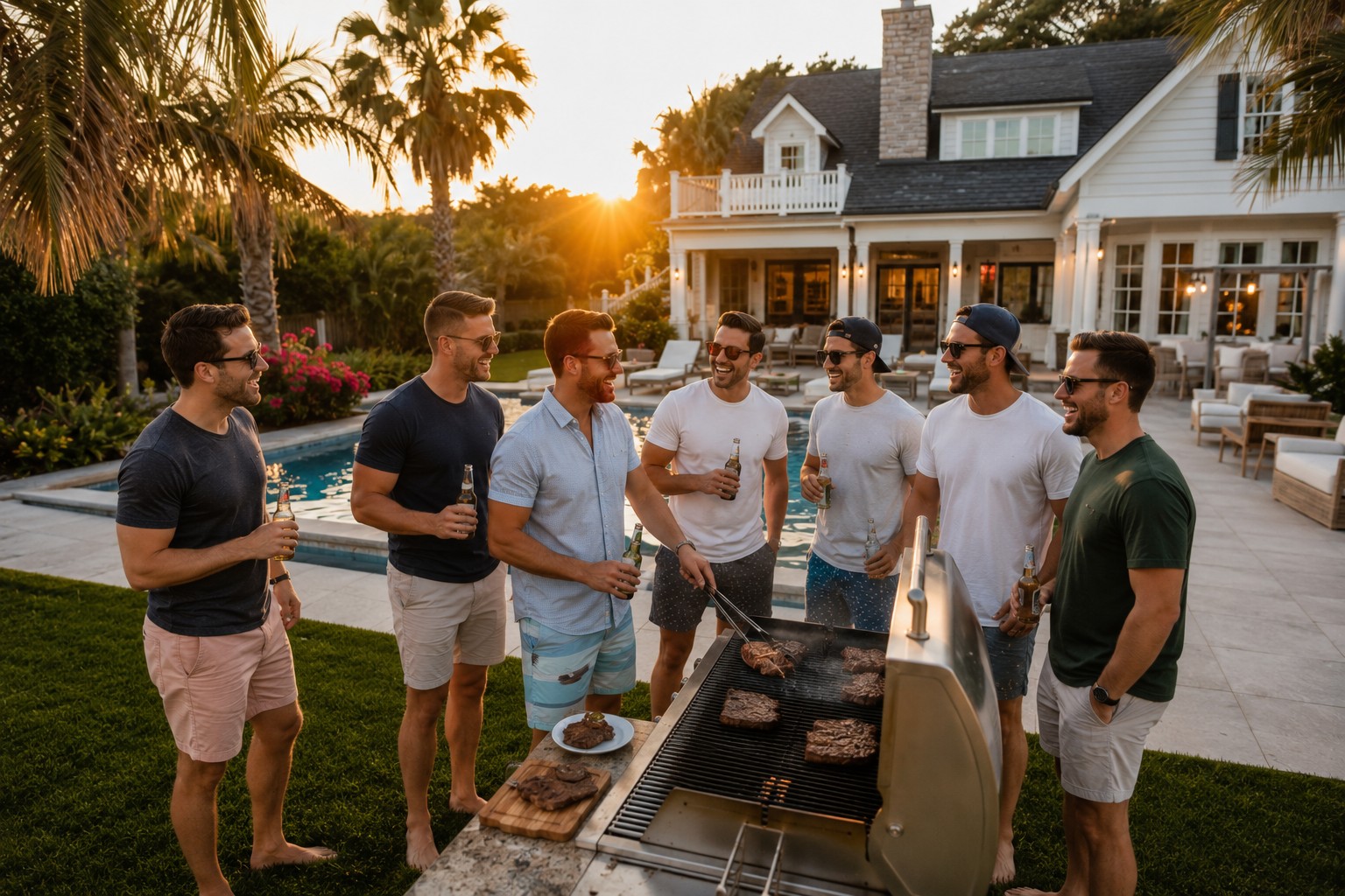 Group of seven men in their late 20s gathered around a grill on a large private rental house pool deck at golden hour, beers in hand, mid-laugh during a steak cookout