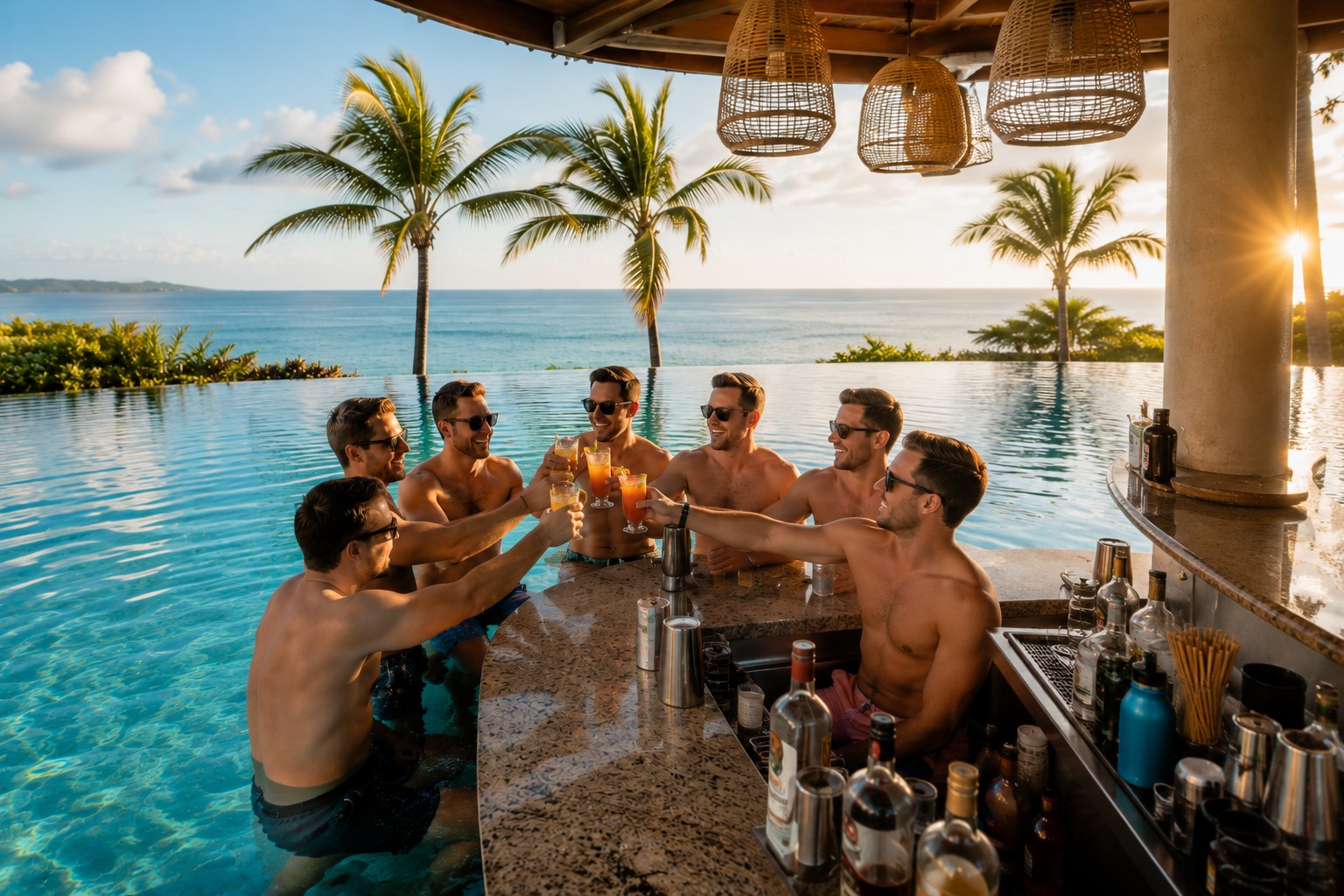 Group of seven men in their late 20s at a tropical all-inclusive resort swim-up bar with infinity pool and ocean behind them, raising cocktails mid-toast under palm trees
