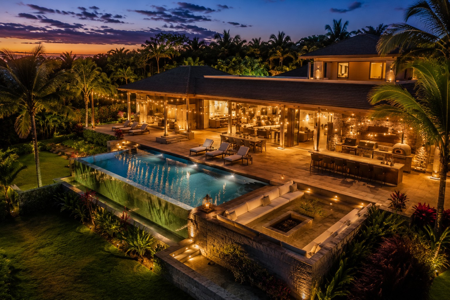 Aerial twilight view of a large private rental villa with infinity pool, outdoor grill setup, lounge seating for ten, and string lights overhead