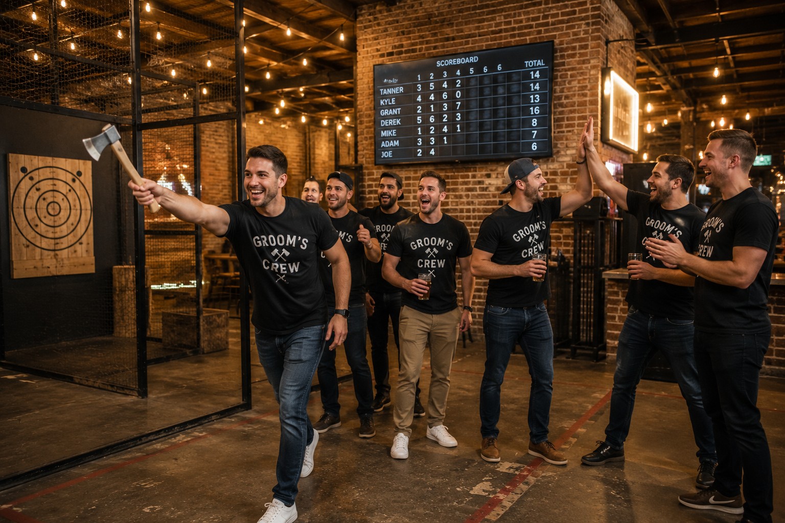 Group of seven men in their late 20s at an axe throwing venue, mid-throw and cheering, matching black bachelor party shirts, with custom scoreboard and string lights overhead