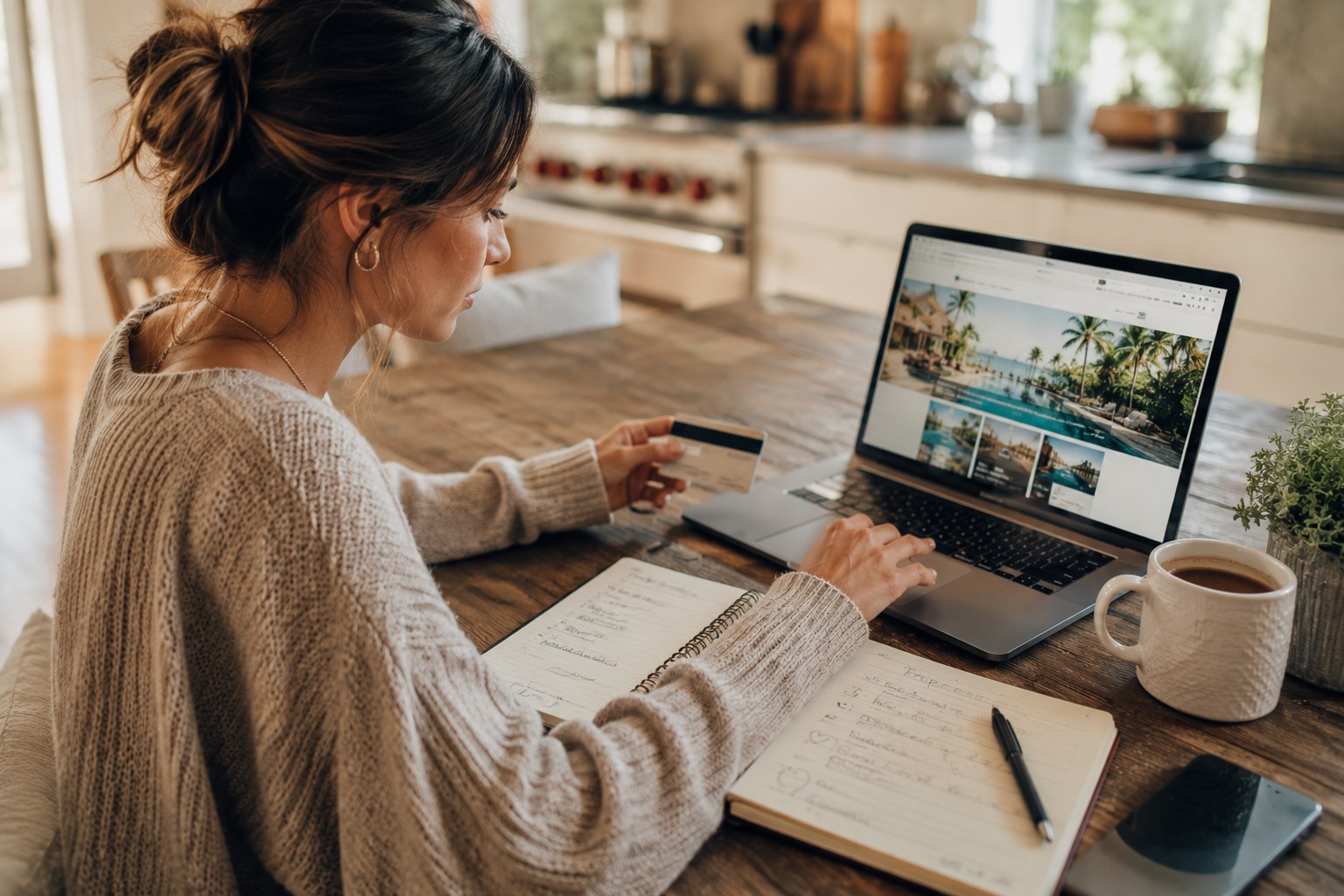 Person planning a group trip on a laptop with a credit card in hand, booking confirmations and a calendar visible, organizing deposits at a kitchen table