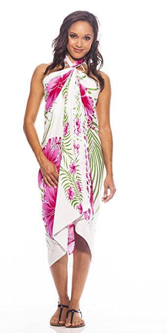 1 World Sarongs Womens Hawaiian Swimsuit Cover-Up Sarong in Pink / Green / White