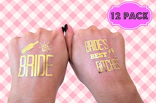 [12 Pack] Bachelorette BRIDE and BRIDE'S BEST BITCHES Temporary Tattoos - Metallic Shiny Gold Flash Tattoos - Bachelorette Party Supplies Ideas Accessories Favors