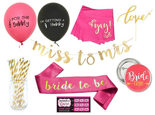 Bachelorette Party Decorations KIT, Bridal Shower Set, Bride to be Sash,  Veil/Comb, Banner, Balloons, Photo Booth Props, Tattoos, Drinking Game,  Straws