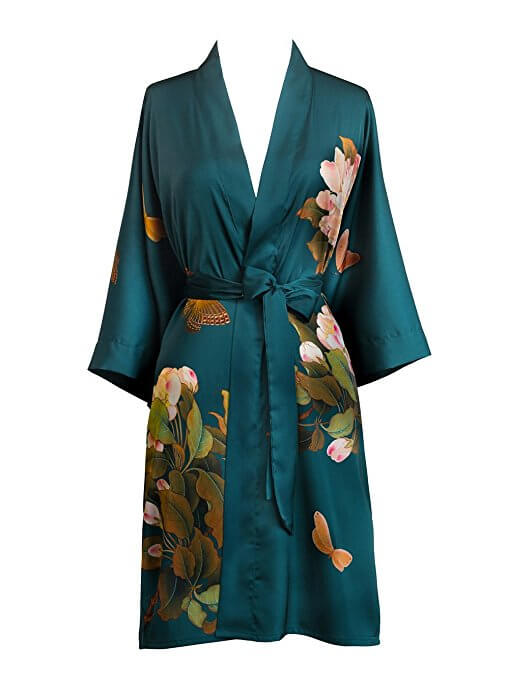 Old Shanghai Women's Kimono Robe Short - Watercolor Floral, peony & butterfly- vintage teal