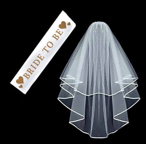 Party Lowkey Bachelorette Party Ribbon Veil with Bride to be Sash/Double Ribbon Edge Center Cascade Bridal Wedding Veil with Comb, Bridal Party Decorations Supplies, Gold/White