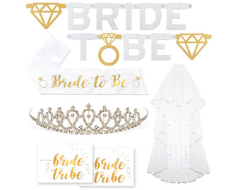 Bachelorette Party Decorations | Sash for Bride, Tiara, Gold Banner, Veil + Bride Tribe Flash Tattoos | Bride To Be | Bachelorette Favors