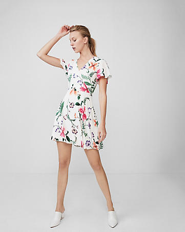 floral surplice flutter sleeve fit and flare dress